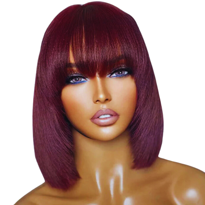 “Velvet Bangs” – 10" Layered Yaki Straight Lace Bob Wig in 99J Burgundy